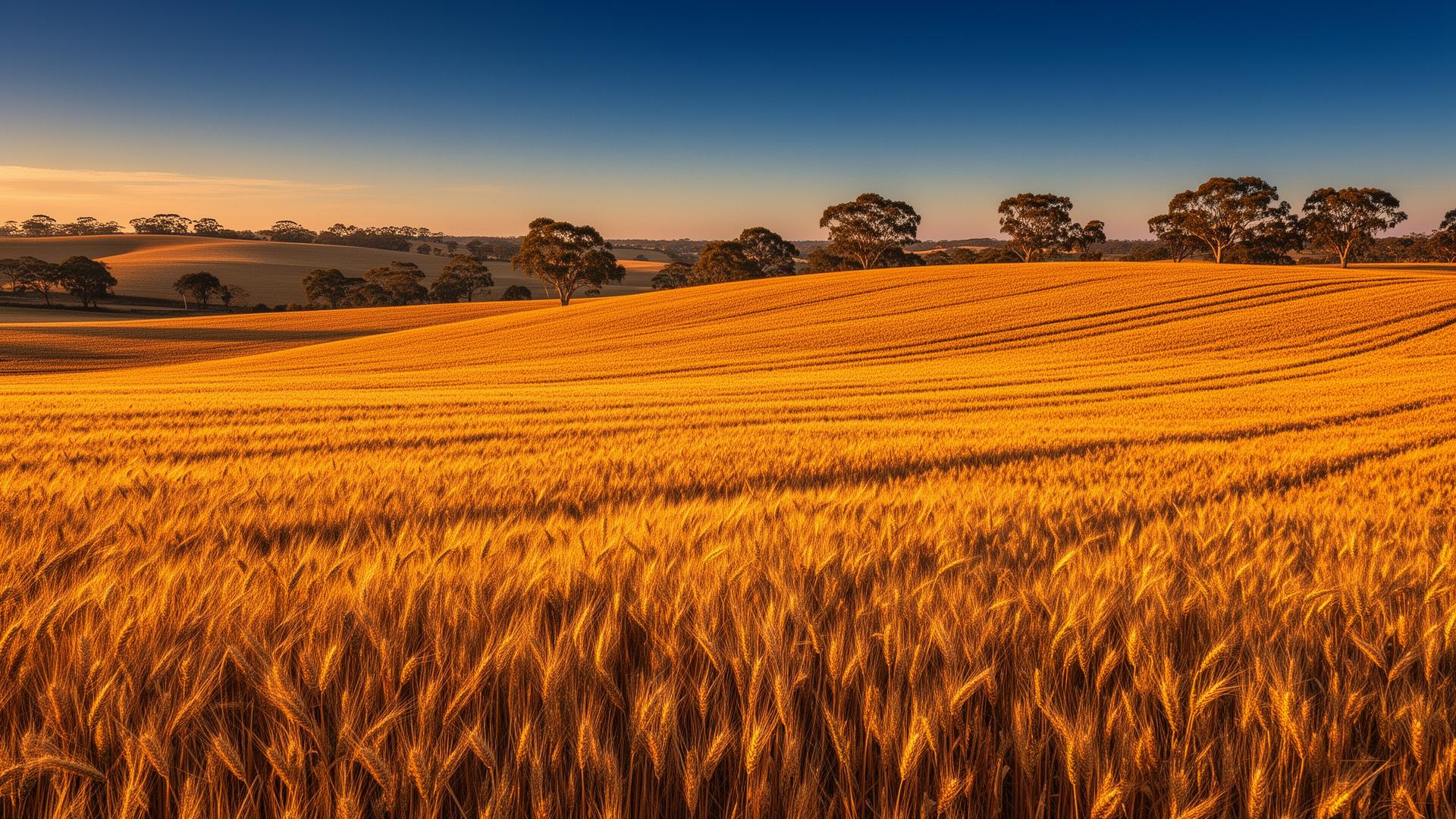 Golden Australian wheat farmland at sunrise